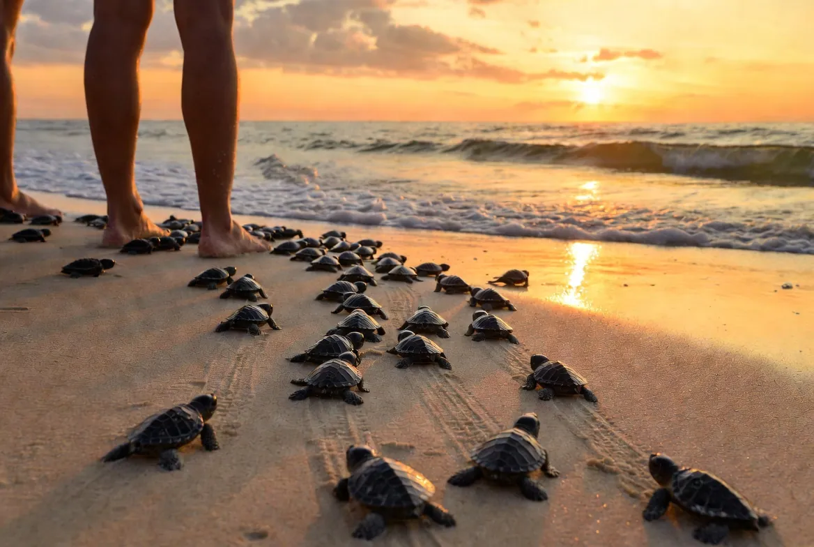 Baby sea turtles making their way to the surf at the nightly Bacocho release