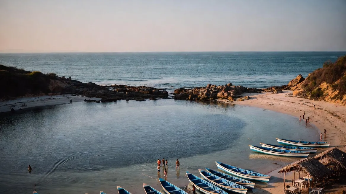 Calm morning at Puerto Angelito: blue pangas anchored in a sheltered swimming cove